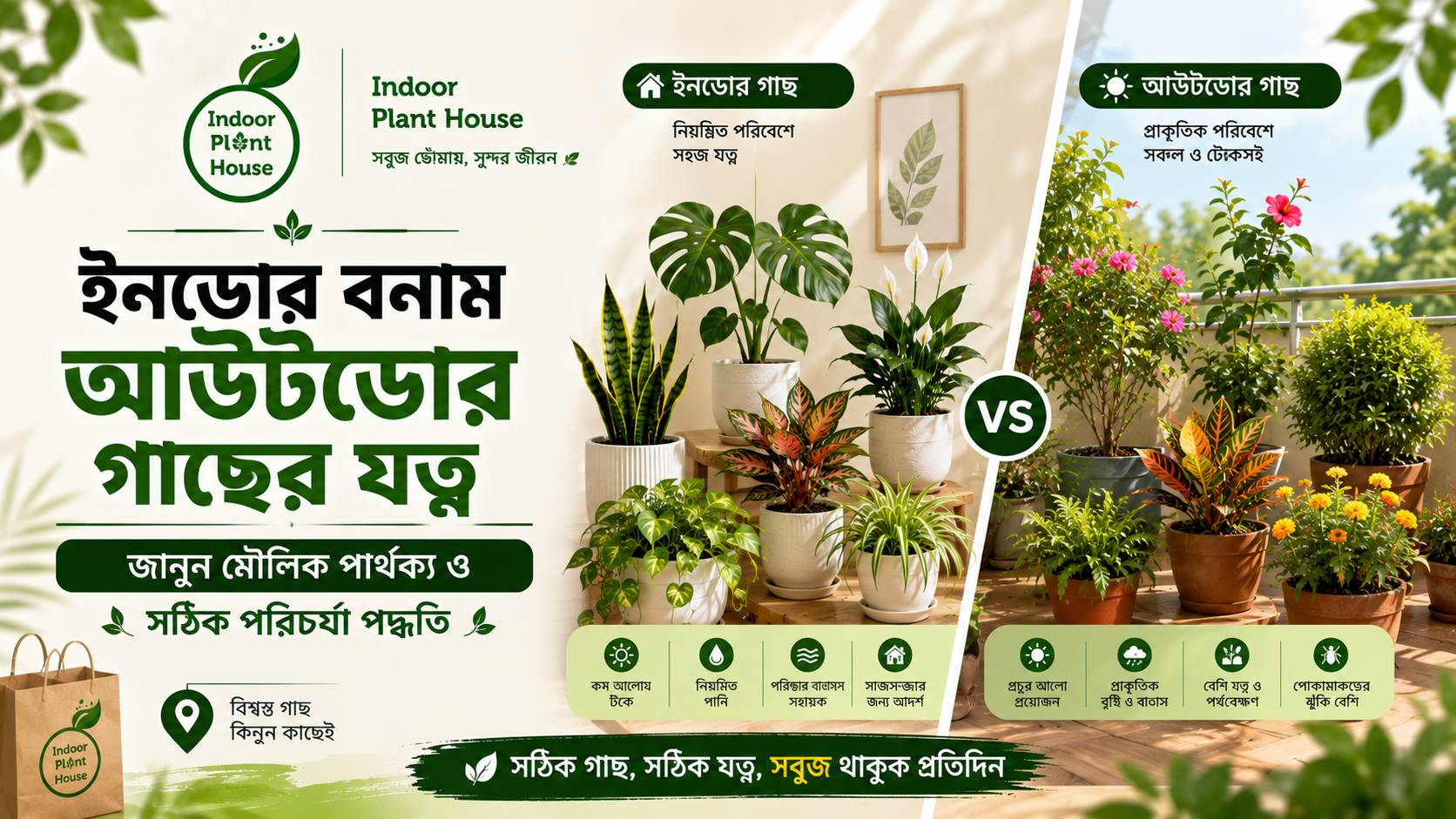 ইনডোর বনাম আউটডোর গাছের যত্ন – জানুন মৌলিক পার্থক্য ও সঠিক পরিচর্যা পদ্ধতি